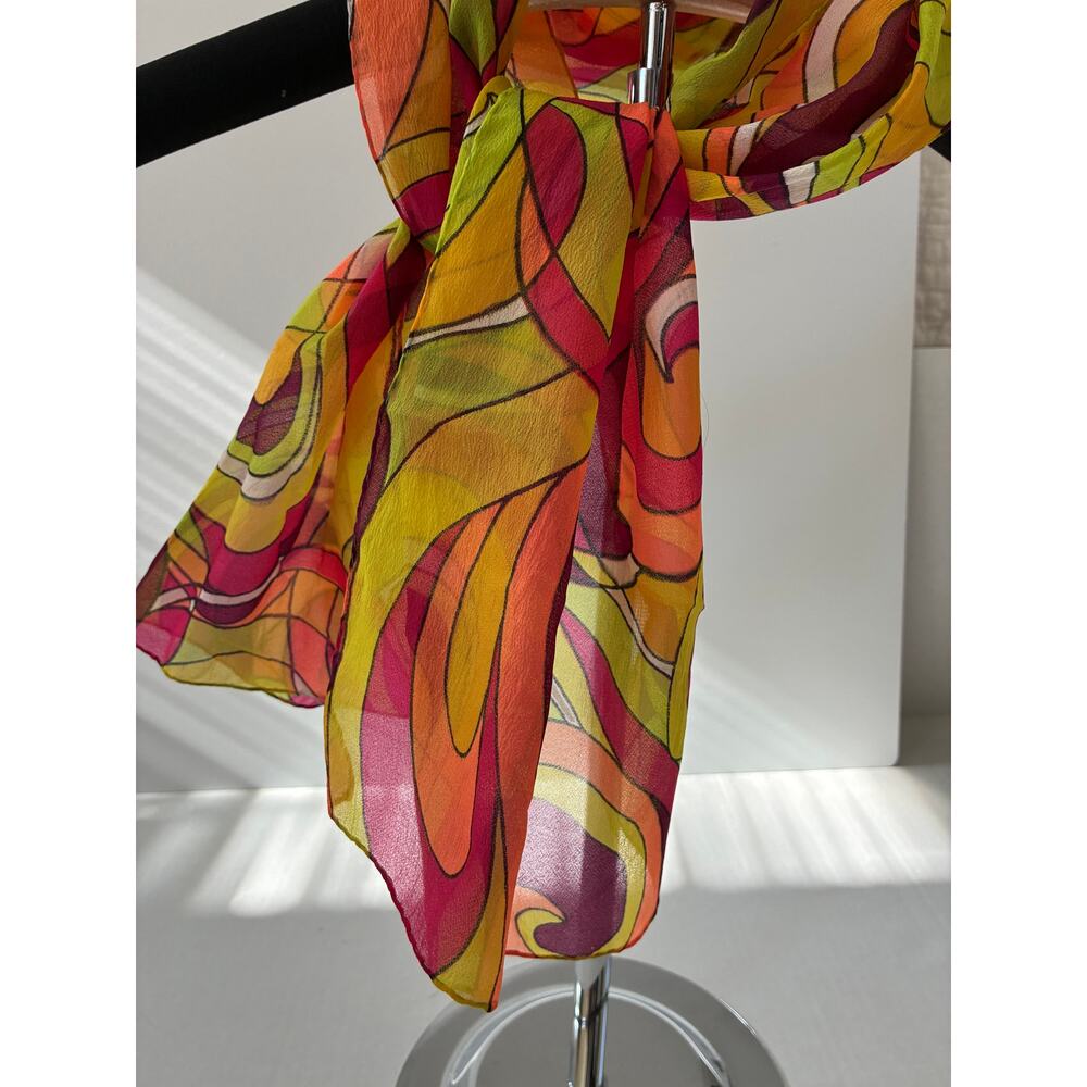 Marci Cara Scarf Colorful 70's Design Mod Swirl Chiffon Nylon Crepe 44" x 12.5" - Picture 3 of 4